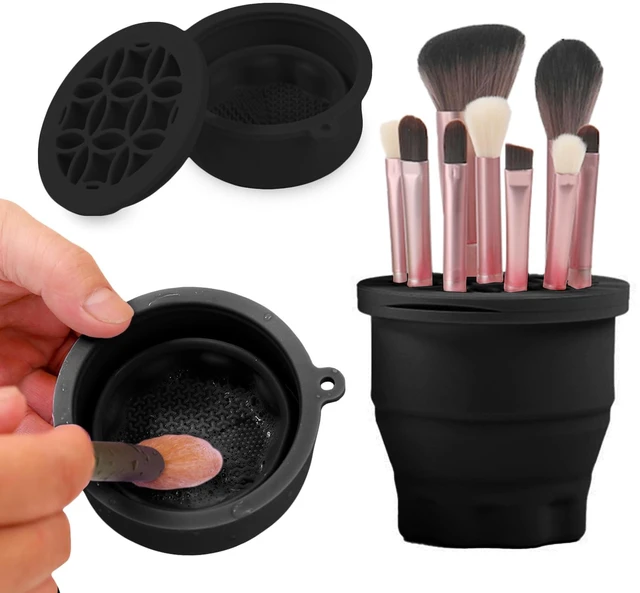 Main image of Makeup Brushes Cleaner Mat with Brush Storage Holder, Folding Portable Washing Tool for Makeup Brush Cleaning, 2 In 1 Silicone Brush Cleaner Pad & Cosmetic Brush Organizer Rack (Black)
