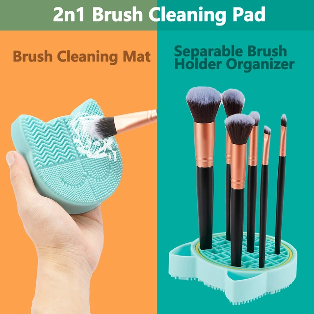 Alt view image 2 of 7 - 2 in 1 Makeup Brush Cleaning Mat With Drying Holder, Silicon Cat Shaped Cleaner Pad, Cosmetic Organizer Rack, Portable Washing Tool for Makeup (Green)
