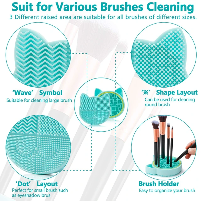 Alt view image 3 of 7 - 2 in 1 Makeup Brush Cleaning Mat With Drying Holder, Silicon Cat Shaped Cleaner Pad, Cosmetic Organizer Rack, Portable Washing Tool for Makeup (Green)