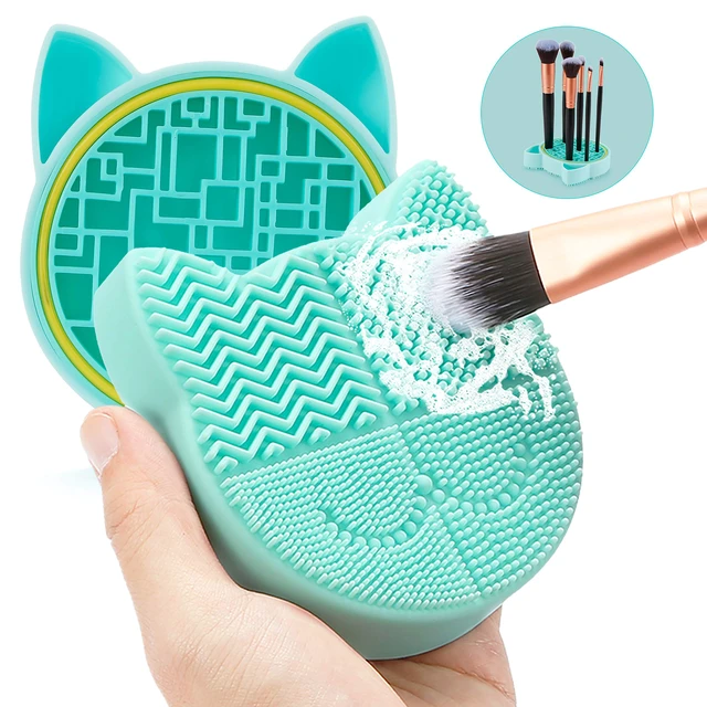 Alt view image 7 of 7 - 2 in 1 Makeup Brush Cleaning Mat With Drying Holder, Silicon Cat Shaped Cleaner Pad, Cosmetic Organizer Rack, Portable Washing Tool for Makeup (Green)
