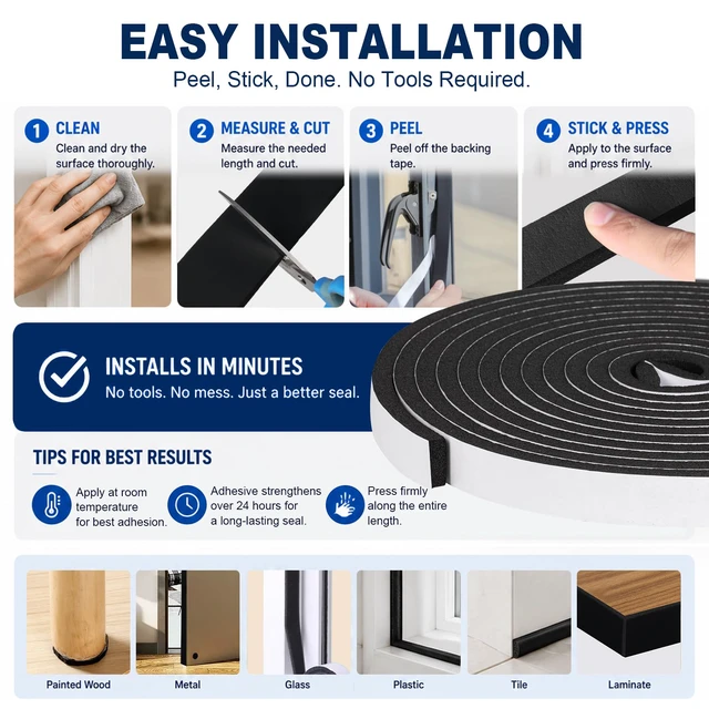 Alt view image 5 of 7 - Self Adhesive Foam Weather Stripping, 1/2" x1/4" x33FT Door Seal | High-Density Foam Tape Seal for Door and Window Insulation, Noise Reduction & Gap Sealing