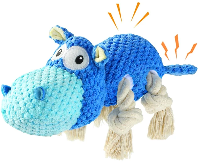 Main image of Hippo Squeaky Dog Toy, Blue, Medium | Cute Plush Design, Rope Legs for Tugging, Helps Keep Dogs Busy, Suitable for Small, Medium, and Large Dogs