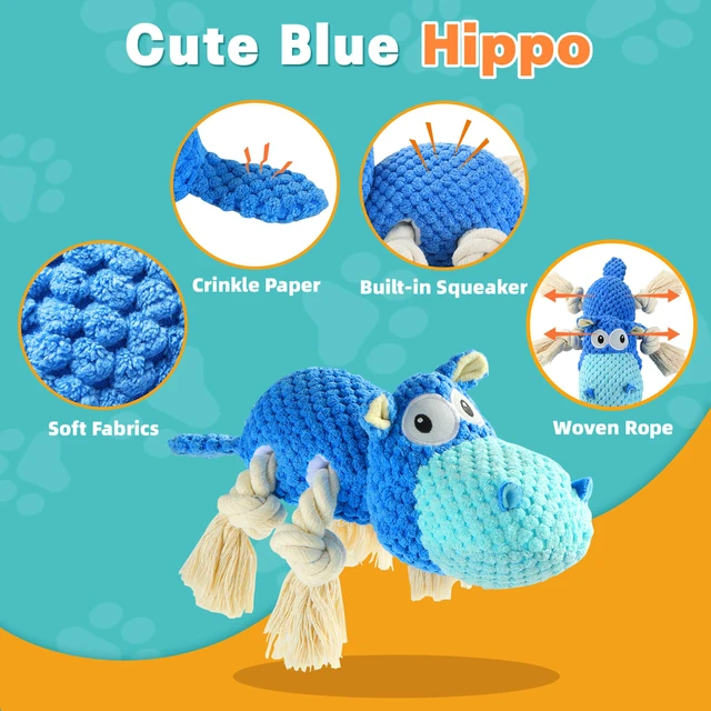 Alt view image 2 of 6 - Hippo Squeaky Dog Toy, Blue, Medium | Cute Plush Design, Rope Legs for Tugging, Helps Keep Dogs Busy, Suitable for Small, Medium, and Large Dogs
