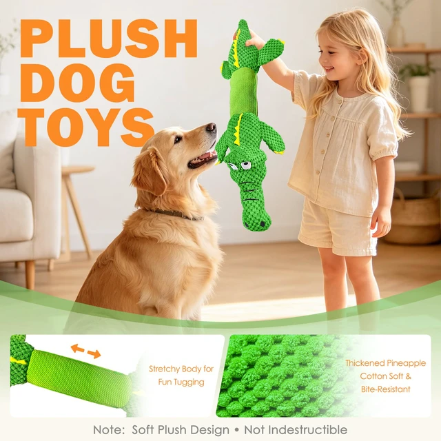 Alt view image 5 of 7 - Dog Squeaky Toys Stretchable Crocodile for Interactive Tug of War | 24-31in Plush Chew Toy with Squeaker & Crinkle Paper, Pineapple Cotton, Ideal for Puppy Small Medium Dogs Indoor Outdoor Play