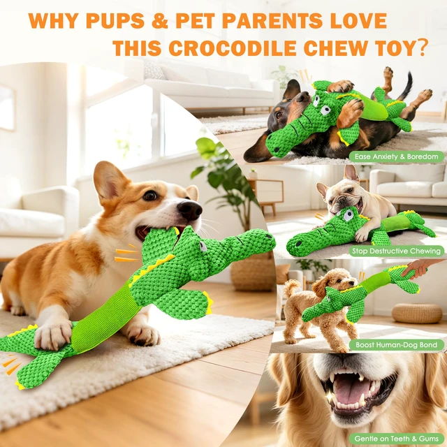 Alt view image 6 of 7 - Dog Squeaky Toys Stretchable Crocodile for Interactive Tug of War | 24-31in Plush Chew Toy with Squeaker & Crinkle Paper, Pineapple Cotton, Ideal for Puppy Small Medium Dogs Indoor Outdoor Play