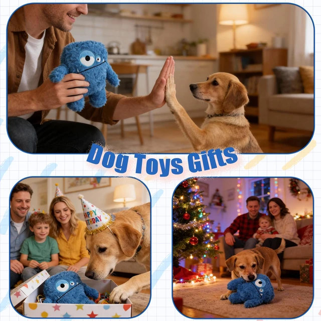 Alt view image 6 of 7 - Monster Stuffed Squeaky Dog Toy, Crinkle Dog Plush Toy, Blue | Soft Lightweight Toy for Fetch and Chew, Interactive Outdoor Indoor Play for Tug, Birthday Gift, For Puppy Small Medium Dog