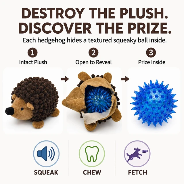 Alt view image 3 of 7 - 2-in-1 No-Stuffing Hedgehog Dog Toys 3 PCS, Squeaky Ball for Throwing Play | Interactive Chewing Toys for Medium and Small Pets, Durable Plush for Companion, Keep Puppy Busy, Interactive,Holiday Gift