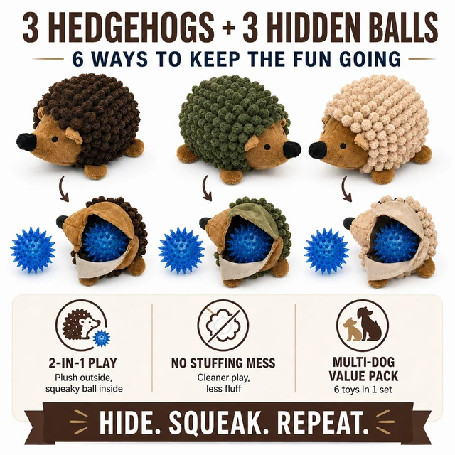 Alt view image 5 of 7 - 2-in-1 No-Stuffing Hedgehog Dog Toys 3 PCS, Squeaky Ball for Throwing Play | Interactive Chewing Toys for Medium and Small Pets, Durable Plush for Companion, Keep Puppy Busy, Interactive,Holiday Gift