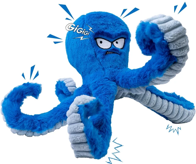 Main image of Tough Dog Toys, Stuffed Chew Large Dog Toys to Keep Them Busy, Interactive Squeaky Tug of War Doggie Toy, Crinkle Blue Octopus