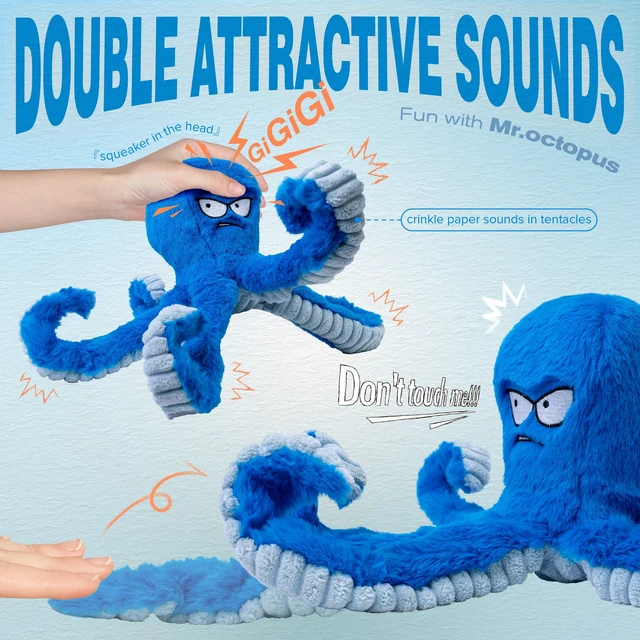 Alt view image 2 of 7 - Tough Dog Toys, Stuffed Chew Large Dog Toys to Keep Them Busy, Interactive Squeaky Tug of War Doggie Toy, Crinkle Blue Octopus