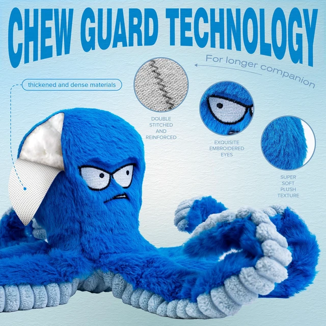 Alt view image 3 of 7 - Tough Dog Toys, Stuffed Chew Large Dog Toys to Keep Them Busy, Interactive Squeaky Tug of War Doggie Toy, Crinkle Blue Octopus