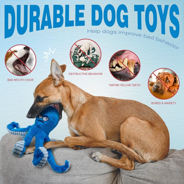 Alt view image 4 of 7 - Tough Dog Toys, Stuffed Chew Large Dog Toys to Keep Them Busy, Interactive Squeaky Tug of War Doggie Toy, Crinkle Blue Octopus