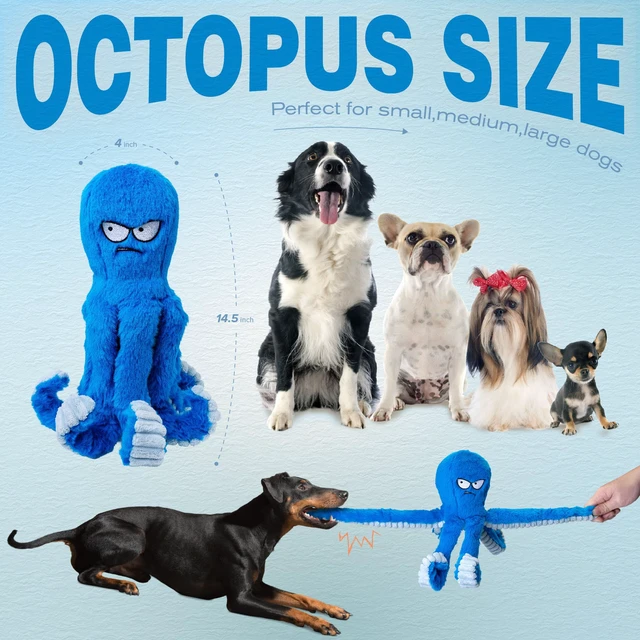 Alt view image 5 of 7 - Tough Dog Toys, Stuffed Chew Large Dog Toys to Keep Them Busy, Interactive Squeaky Tug of War Doggie Toy, Crinkle Blue Octopus