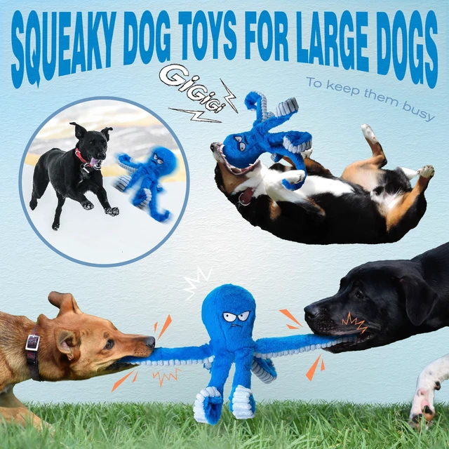 Alt view image 6 of 7 - Tough Dog Toys, Stuffed Chew Large Dog Toys to Keep Them Busy, Interactive Squeaky Tug of War Doggie Toy, Crinkle Blue Octopus