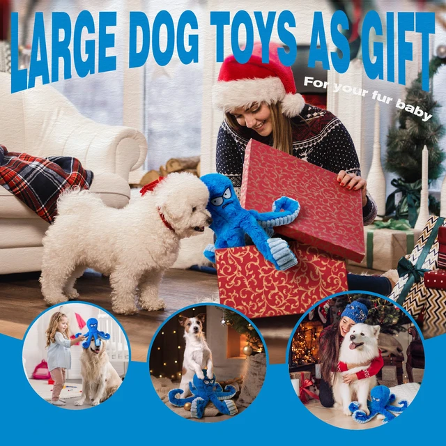 Alt view image 7 of 7 - Tough Dog Toys, Stuffed Chew Large Dog Toys to Keep Them Busy, Interactive Squeaky Tug of War Doggie Toy, Crinkle Blue Octopus