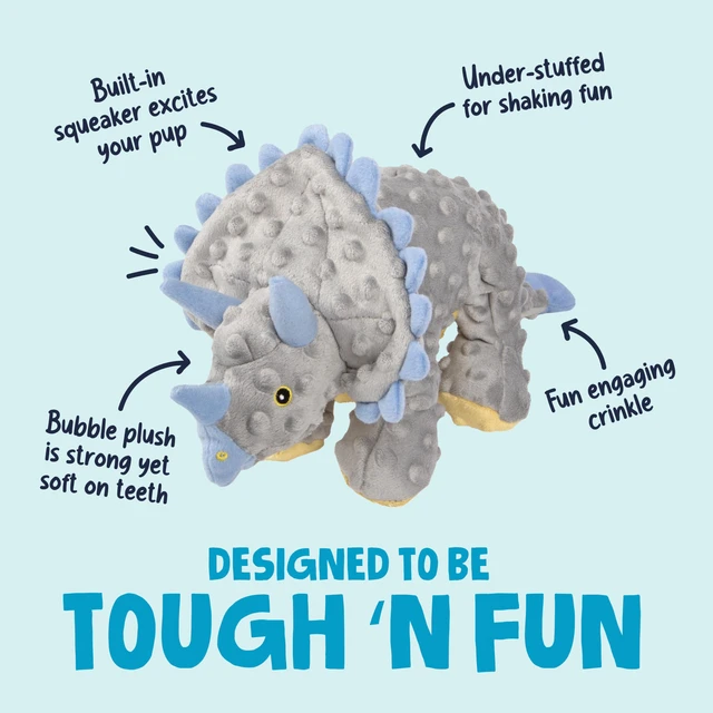 Alt view image 2 of 7 - Dinos Frills Squeaky Plush Dog Toy with Chew Guard Technology, Durable Fabric & Squeaker for Active Play, Gray, Large