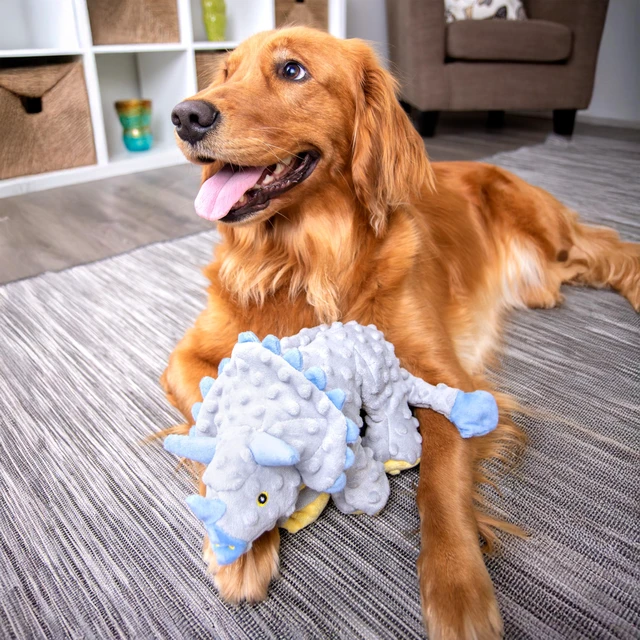 Alt view image 7 of 7 - Dinos Frills Squeaky Plush Dog Toy with Chew Guard Technology, Durable Fabric & Squeaker for Active Play, Gray, Large