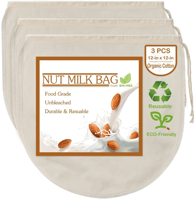 Main image of 3 PCS 12"x12" Nut Milk Bags - 100% Unbleached Cotton Cheesecloth, Reusable Food Strainer Colander For Straining Almond/Oat Milk, Celery Juice, Cold Brew Coffee, Yogurt and Cheese Making