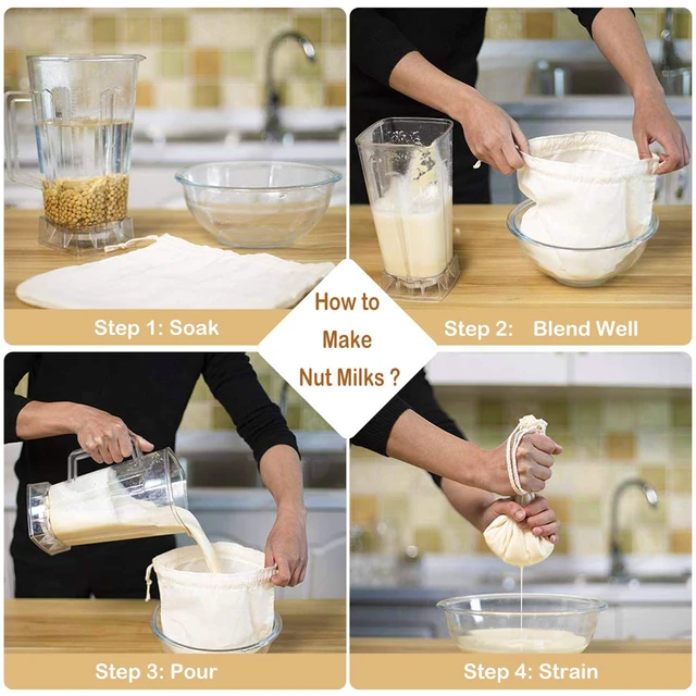 Alt view image 4 of 7 - 3 PCS 12"x12" Nut Milk Bags - 100% Unbleached Cotton Cheesecloth, Reusable Food Strainer Colander For Straining Almond/Oat Milk, Celery Juice, Cold Brew Coffee, Yogurt and Cheese Making