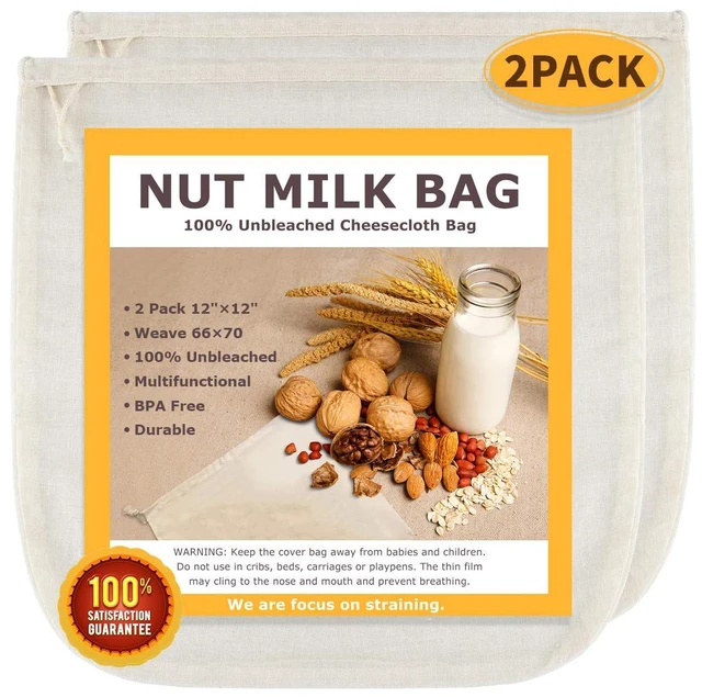 Main image of Nut Milk Bags, All Natural Cheesecloth Bags, 12"x12", 2 Pack, 100% Unbleached Cotton Cloth Bags for Tea/Yogurt/Juice/Wine/Soup/Herbs, Durable Washable Reusable Almond Milk Strainer(Weave 66x70)