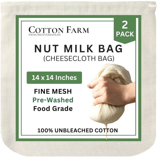 Main image of Nut Milk Bag & Cheese Cloth Bag (Ultra Dense), XL 14 × 14 Inch, 100% Unbleached Cotton Cheesecloth for Precise Food Straining, Washable & Reusable