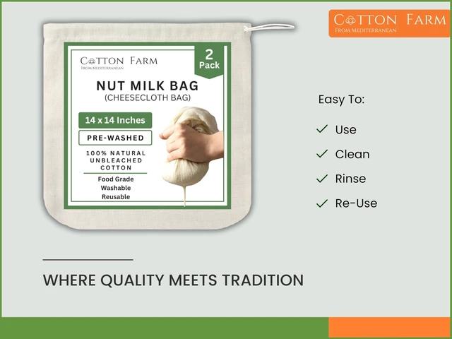 Alt view image 3 of 6 - Nut Milk Bag & Cheese Cloth Bag (Ultra Dense), XL 14 × 14 Inch, 100% Unbleached Cotton Cheesecloth for Precise Food Straining, Washable & Reusable