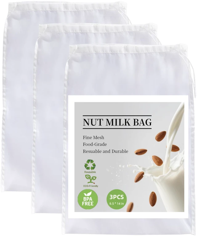 Main image of 3 Pack Nut Milk Bag, Nylon Cheese Cloth Bag for Straining, 9.5"x14" | Reusable Strainer, Food-Grade, Fine Mesh, for Cold Brew Coffee, Greek Yogurt, Tea and Juice