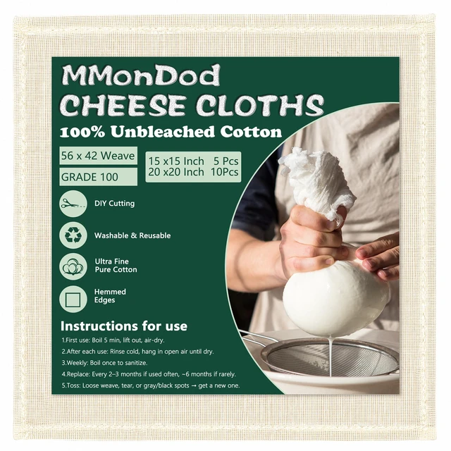 Main image of Grade 100 Cheesecloth for Straining, 15 Pack Unbleached Cotton Cloths | Precut with hemmed edges, reusable 56 x 42 weave, 10 pcs 20 x 20 + 5 pcs 15 x 15 for yogurt, cheese and nut milk