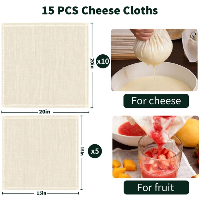 Alt view image 4 of 7 - Grade 100 Cheesecloth for Straining, 15 Pack Unbleached Cotton Cloths | Precut with hemmed edges, reusable 56 x 42 weave, 10 pcs 20 x 20 + 5 pcs 15 x 15 for yogurt, cheese and nut milk