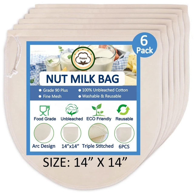 Main image of 6 Pack 14"x14" Nut Milk Bags - 100% Unbleached Cotton, Food Strainer, Reusable Cheesecloth,Straining Almond/Oat/Soy Milk, Cold Brew Coffee, Cloth Bag for Cheese/Yogurt/Juice/Tea/Wine/Soup/Herbs