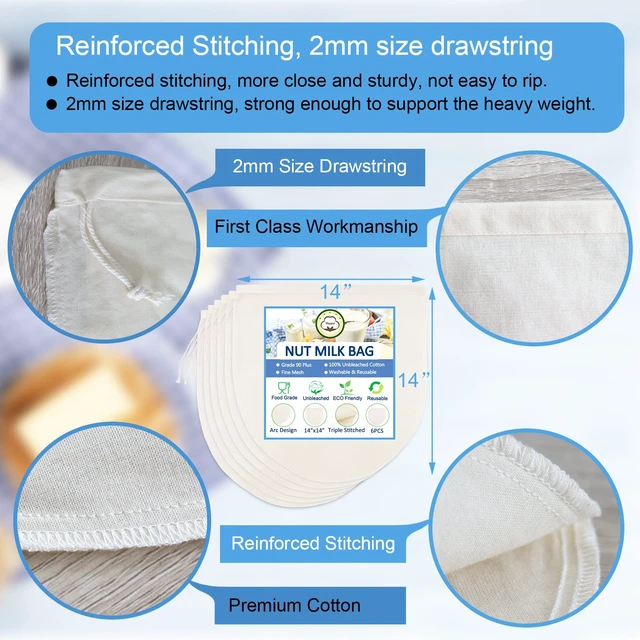 Alt view image 2 of 6 - 6 Pack 14"x14" Nut Milk Bags - 100% Unbleached Cotton, Food Strainer, Reusable Cheesecloth,Straining Almond/Oat/Soy Milk, Cold Brew Coffee, Cloth Bag for Cheese/Yogurt/Juice/Tea/Wine/Soup/Herbs