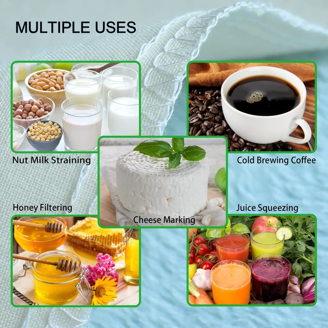Alt view image 6 of 6 - 6 Pack 14"x14" Nut Milk Bags - 100% Unbleached Cotton, Food Strainer, Reusable Cheesecloth,Straining Almond/Oat/Soy Milk, Cold Brew Coffee, Cloth Bag for Cheese/Yogurt/Juice/Tea/Wine/Soup/Herbs
