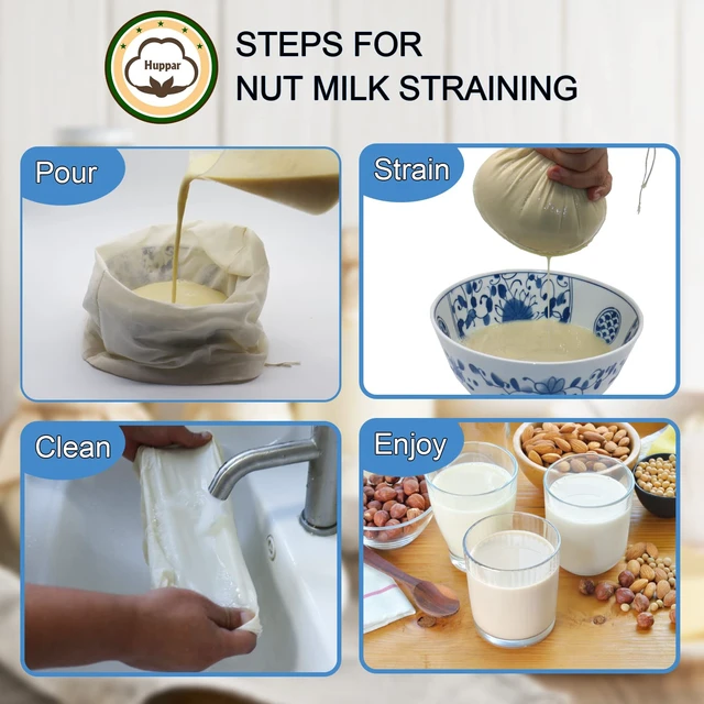 Alt view image 5 of 6 - 6 Pack 14"x14" Nut Milk Bags - 100% Unbleached Cotton, Food Strainer, Reusable Cheesecloth,Straining Almond/Oat/Soy Milk, Cold Brew Coffee, Cloth Bag for Cheese/Yogurt/Juice/Tea/Wine/Soup/Herbs