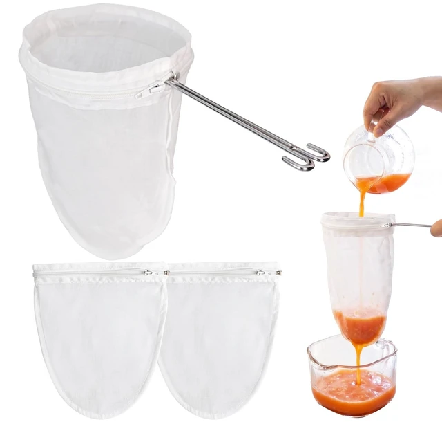 Main image of 3 Pcs Reusable Fine Mesh Strainer Bags, Nut Milk Strainer Bag | Mesh Filter Bags, Stainless Steel Frame with Handle for Coffee, Milk, Butter, Juice & Fresh Cheese, Easy Clean