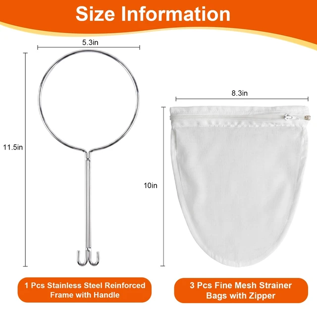 Alt view image 2 of 7 - 3 Pcs Reusable Fine Mesh Strainer Bags, Nut Milk Strainer Bag | Mesh Filter Bags, Stainless Steel Frame with Handle for Coffee, Milk, Butter, Juice & Fresh Cheese, Easy Clean