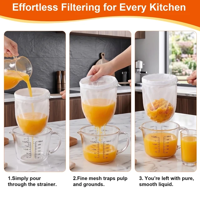 Alt view image 4 of 7 - 3 Pcs Reusable Fine Mesh Strainer Bags, Nut Milk Strainer Bag | Mesh Filter Bags, Stainless Steel Frame with Handle for Coffee, Milk, Butter, Juice & Fresh Cheese, Easy Clean