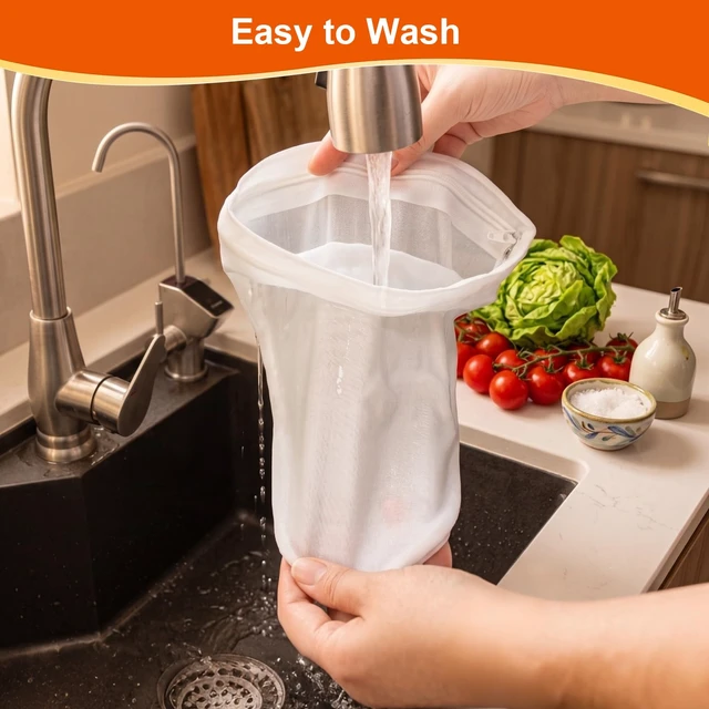 Alt view image 5 of 7 - 3 Pcs Reusable Fine Mesh Strainer Bags, Nut Milk Strainer Bag | Mesh Filter Bags, Stainless Steel Frame with Handle for Coffee, Milk, Butter, Juice & Fresh Cheese, Easy Clean