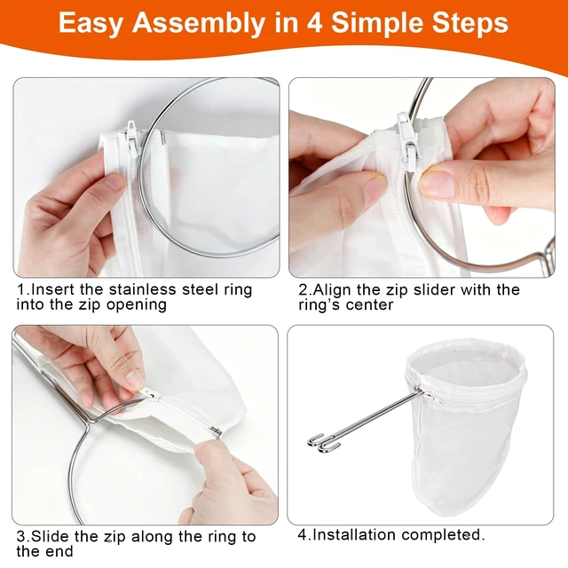 Alt view image 6 of 7 - 3 Pcs Reusable Fine Mesh Strainer Bags, Nut Milk Strainer Bag | Mesh Filter Bags, Stainless Steel Frame with Handle for Coffee, Milk, Butter, Juice & Fresh Cheese, Easy Clean