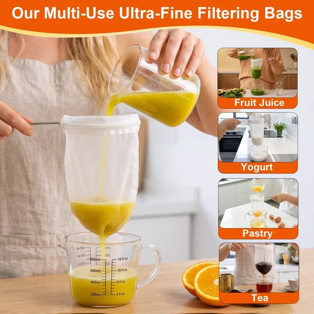 Alt view image 7 of 7 - 3 Pcs Reusable Fine Mesh Strainer Bags, Nut Milk Strainer Bag | Mesh Filter Bags, Stainless Steel Frame with Handle for Coffee, Milk, Butter, Juice & Fresh Cheese, Easy Clean