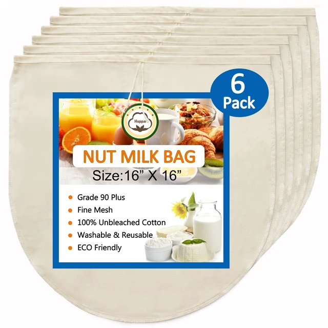 Main image of 6 Pack 16"x16" Nut Milk Bag for Straining, 100% Unbleached Cotton Cloth, Reusable Cheesecloth, Strainer for Almond/Oat/Soy Milk, Cold Brew Coffee, Filter Bag for Cheese/Yogurt/Juice/Wine/Soup