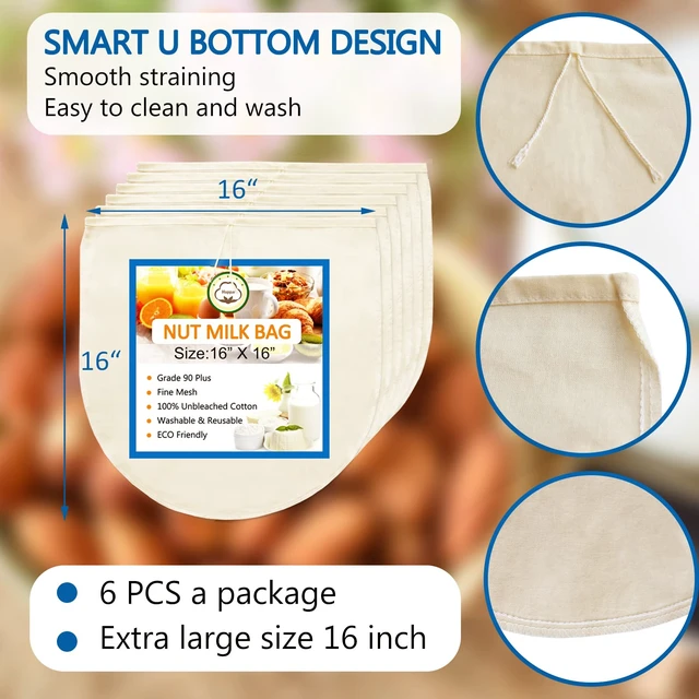 Alt view image 2 of 7 - 6 Pack 16"x16" Nut Milk Bag for Straining, 100% Unbleached Cotton Cloth, Reusable Cheesecloth, Strainer for Almond/Oat/Soy Milk, Cold Brew Coffee, Filter Bag for Cheese/Yogurt/Juice/Wine/Soup