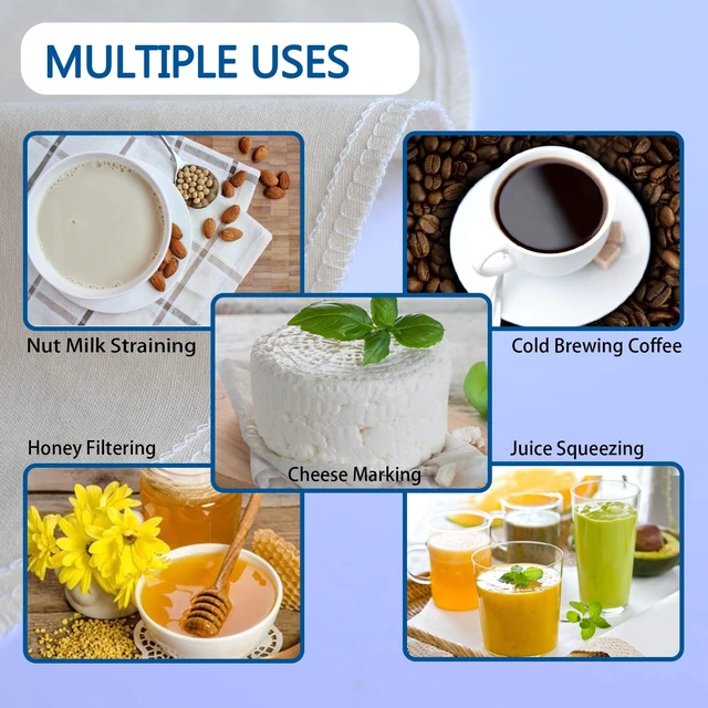 Alt view image 6 of 7 - 6 Pack 16"x16" Nut Milk Bag for Straining, 100% Unbleached Cotton Cloth, Reusable Cheesecloth, Strainer for Almond/Oat/Soy Milk, Cold Brew Coffee, Filter Bag for Cheese/Yogurt/Juice/Wine/Soup