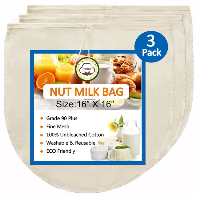 Main image of 3 Pack 16"x16" Nut Milk Bag for Straining, 100% Unbleached Cotton Cloth, Reusable Cheesecloth, Strainer for Almond/Oat/Soy Milk, Cold Brew Coffee, Filter Bag for Cheese/Yogurt/Juice/Wine/Soup