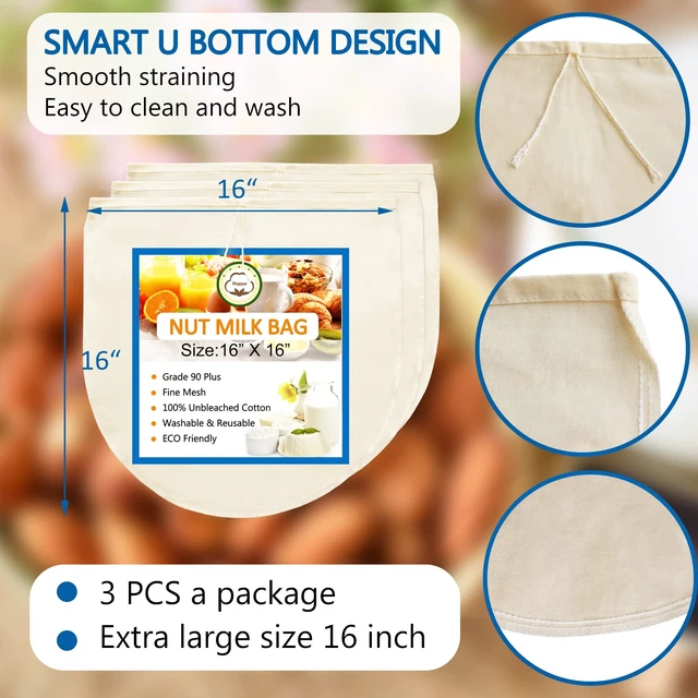 Alt view image 2 of 7 - 3 Pack 16"x16" Nut Milk Bag for Straining, 100% Unbleached Cotton Cloth, Reusable Cheesecloth, Strainer for Almond/Oat/Soy Milk, Cold Brew Coffee, Filter Bag for Cheese/Yogurt/Juice/Wine/Soup