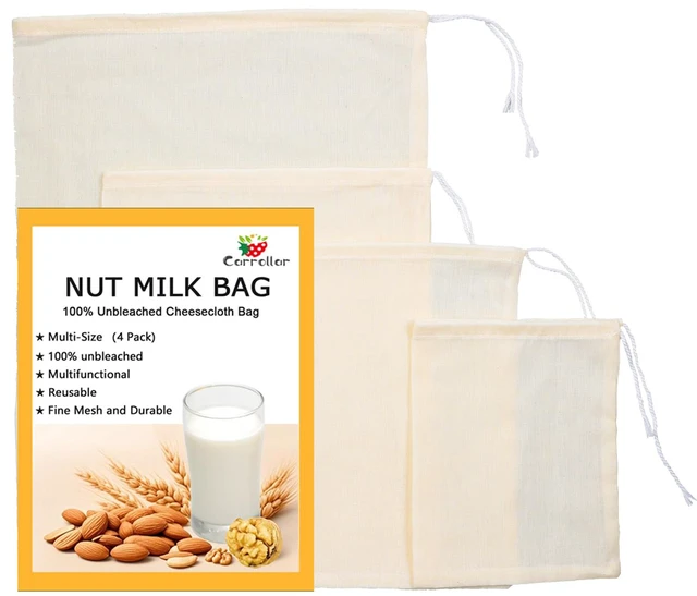 Main image of 4Pack Nut Milk Bags,4 Sizes Unbleached Cotton Cheesecloth Bags,Food Strainer Bags,Reusable Muslin Strainer Bags for Yogurt,Juice,Wine,Cheese making(5x6.3"/6x8"/8x10"/10x14")