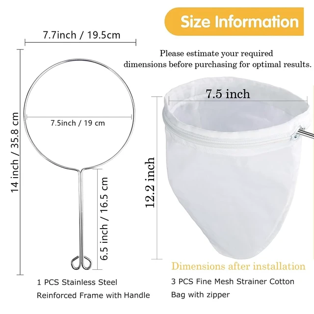Alt view image 2 of 7 - Ultra Fine Reusable Filter Bags with Stainless Steel Handle | for Nut Milk, Coffee, Milk, Butter, Juices and Fresh CheeseMedium Size