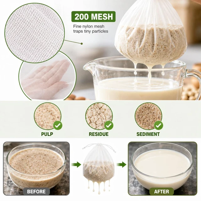 Alt view image 3 of 6 - Nut Milk Bags 10 Pack, Reusable 200 Mesh Strainer Bags, 2 Sizes, 5 Large 12 x 8 Inch + 5 Small 8 x 6 Inch, for Almond Milk, Yogurt, Juice, Coffee, Tea, Tofu, Compost & Garden Use