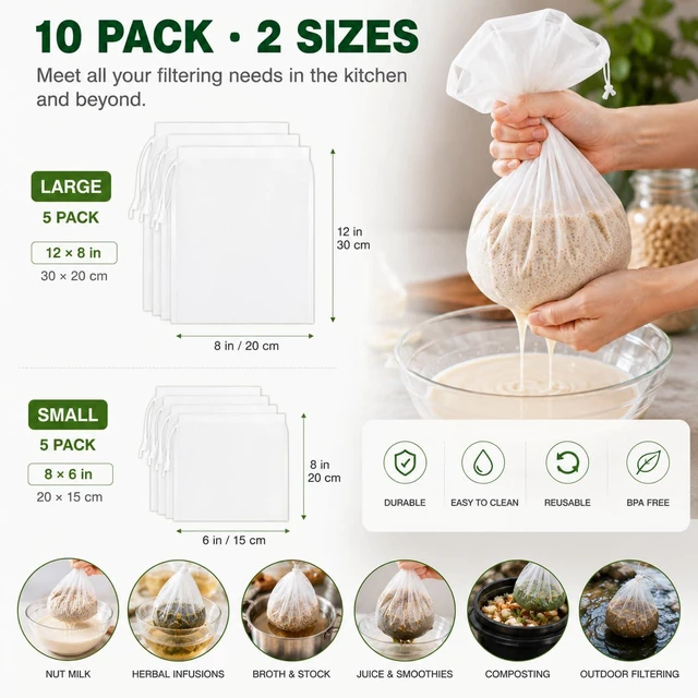 Alt view image 2 of 6 - Nut Milk Bags 10 Pack, Reusable 200 Mesh Strainer Bags, 2 Sizes, 5 Large 12 x 8 Inch + 5 Small 8 x 6 Inch, for Almond Milk, Yogurt, Juice, Coffee, Tea, Tofu, Compost & Garden Use