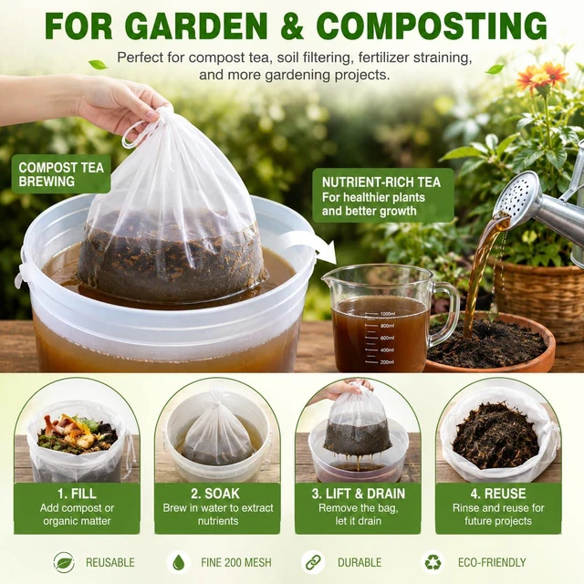 Alt view image 5 of 6 - Nut Milk Bags 10 Pack, Reusable 200 Mesh Strainer Bags, 2 Sizes, 5 Large 12 x 8 Inch + 5 Small 8 x 6 Inch, for Almond Milk, Yogurt, Juice, Coffee, Tea, Tofu, Compost & Garden Use