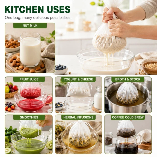 Alt view image 4 of 6 - Nut Milk Bags 10 Pack, Reusable 200 Mesh Strainer Bags, 2 Sizes, 5 Large 12 x 8 Inch + 5 Small 8 x 6 Inch, for Almond Milk, Yogurt, Juice, Coffee, Tea, Tofu, Compost & Garden Use